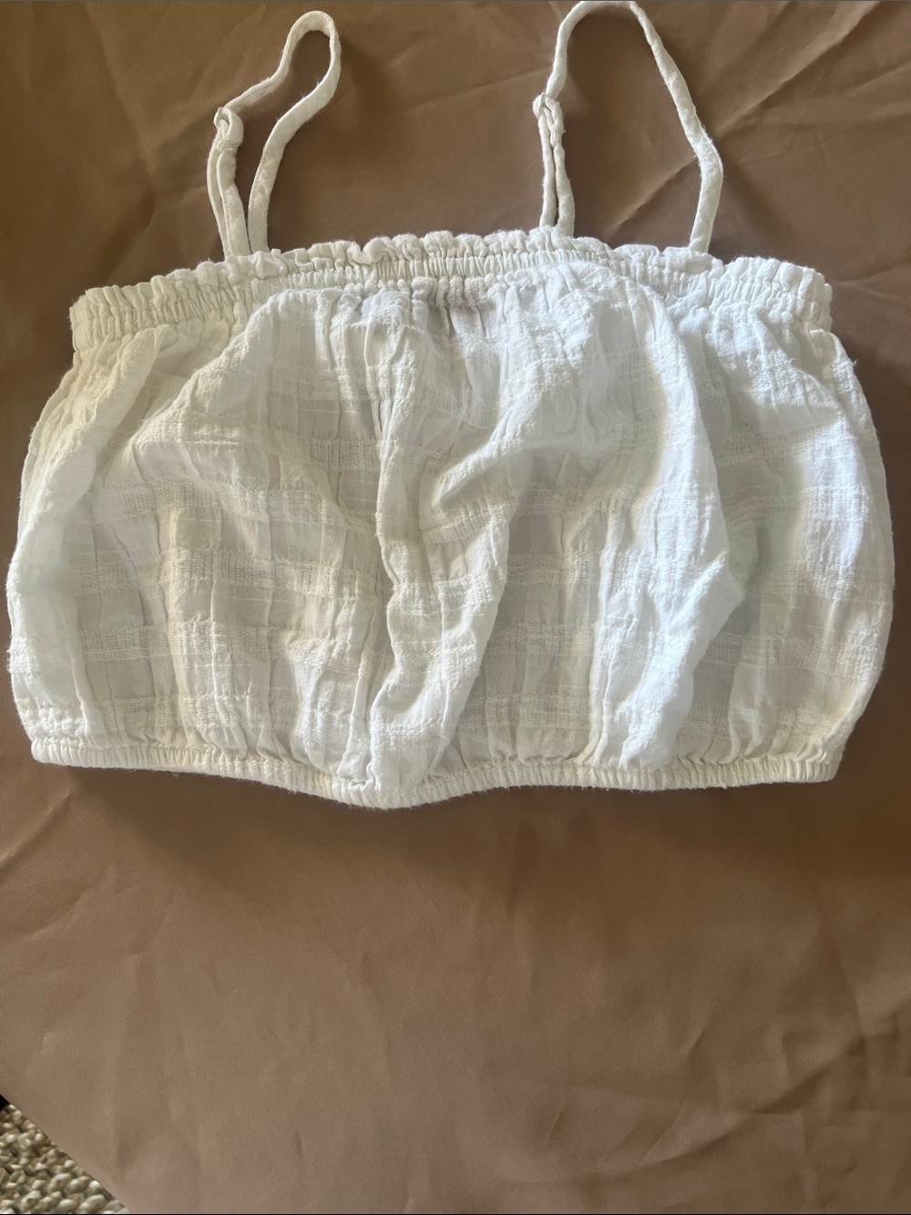 aerie White Cropped Smocked Linen-Texture Tank